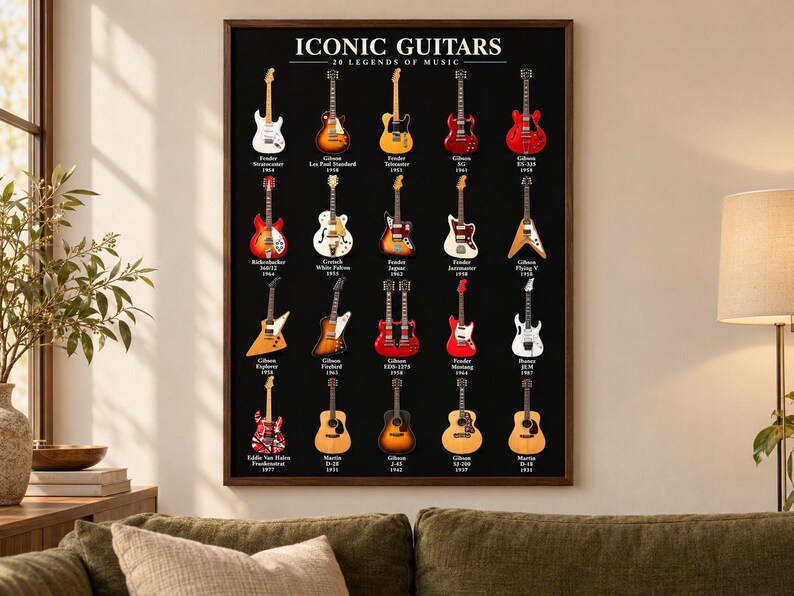 Iconic Guitars A2 Poster, 20 Legendary Guitars, Black and Ivory Versions, Printable Music Wall Art image 4