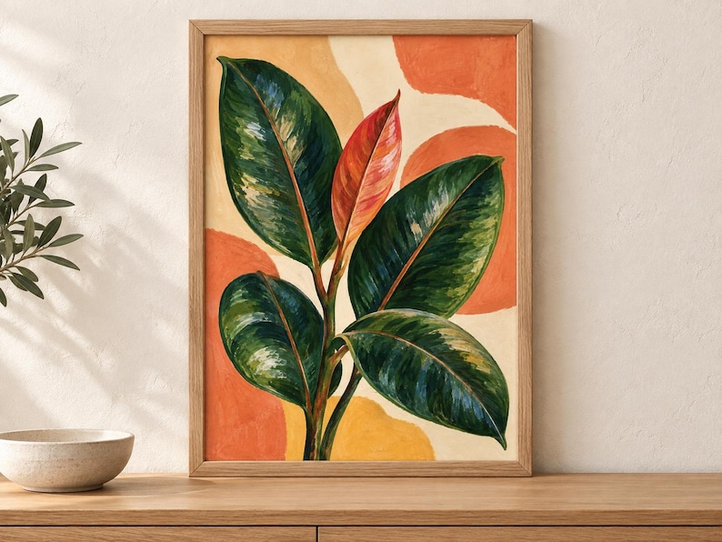 May include: A framed wall art print featuring a rubber plant with large, glossy dark green leaves and a single central reddish-orange leaf. The background consists of abstract, rounded shapes in shades of cream, yellow, and burnt orange.