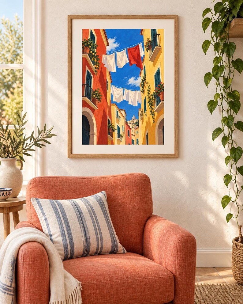 Op de afbeelding: Een ingelijste kunstdruk toont een smalle straat tussen hoge oranje en gele gebouwen met groene luiken en balkons. Wasgoed hangt aan lijnen die onder een helderblauwe lucht zijn gespannen, met witte en rode stoffen.
