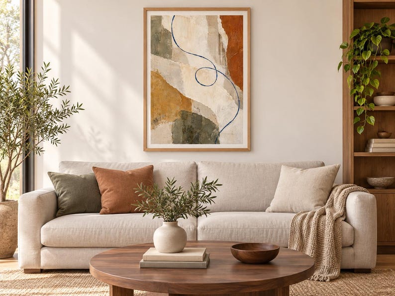 Puede incluir: Una impresi&oacute;n de arte mural abstracto enmarcada con formas superpuestas en tonos verde oliva, naranja quemado y crema, acentuada por una fina l&iacute;nea continua de color azul oscuro que se curva verticalmente por la composici&oacute;n.