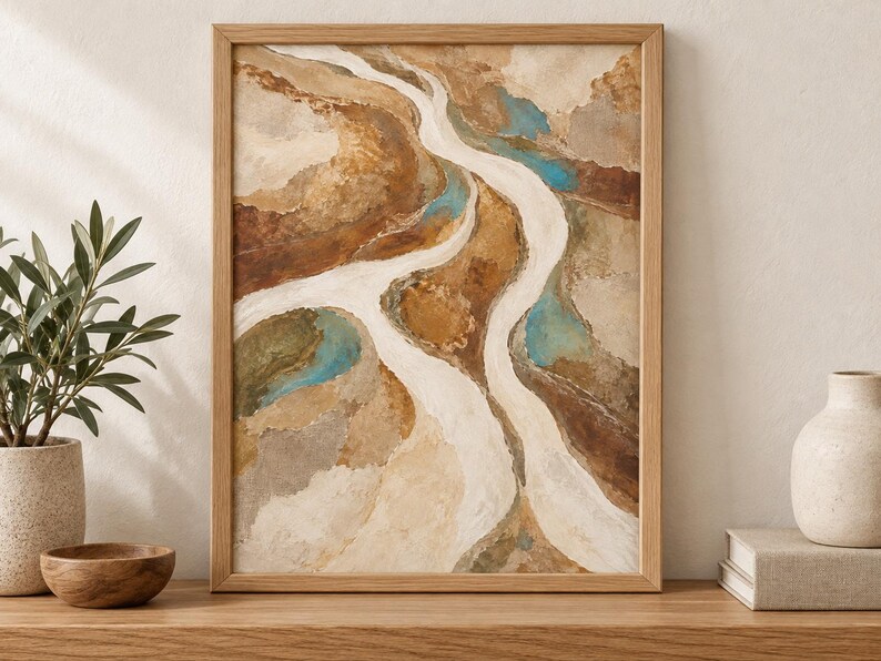 Pu&ograve; includere: Una stampa d'arte murale astratta incorniciata che presenta una vista aerea di un paesaggio con sentieri fluviali bianchi tortuosi, toni della terra marroni e marrone chiaro strutturati e macchie d'acqua blu verde acqua, in una cornice di legno chiaro.
