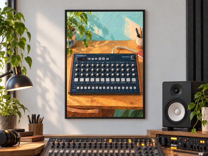 Puede incluir: Un cuadro decorativo enmarcado que muestra una caja de ritmos anal&oacute;gica Arturia DrumBrute de color azul oscuro con paneles laterales de madera, situada sobre un escritorio de madera junto a una planta y un portal&aacute;pices ante una pared azul.