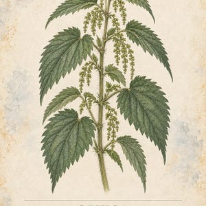 Puede incluir: Una ilustraci&oacute;n bot&aacute;nica de una planta de ortiga, Urtica dioica, con hojas verdes dentadas y peque&ntilde;os racimos de flores verdes sobre un fondo de papel envejecido con el texto HERBARIO PLANTAS MEDICINALES 17 / 40 ORTIGA Urtica dioica.