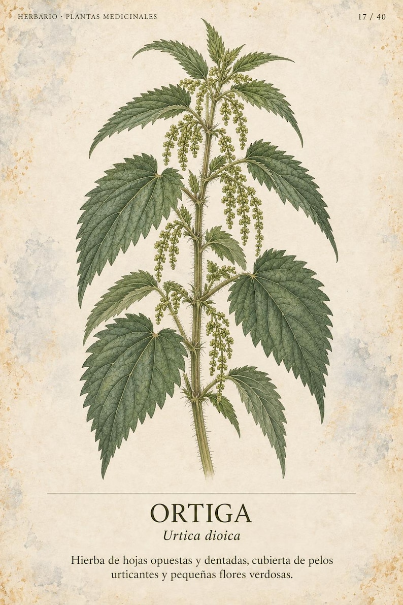 Puede incluir: Una ilustraci&oacute;n bot&aacute;nica de una planta de ortiga, Urtica dioica, con hojas verdes dentadas y peque&ntilde;os racimos de flores verdes sobre un fondo de papel envejecido con el texto HERBARIO PLANTAS MEDICINALES 17 / 40 ORTIGA Urtica dioica.