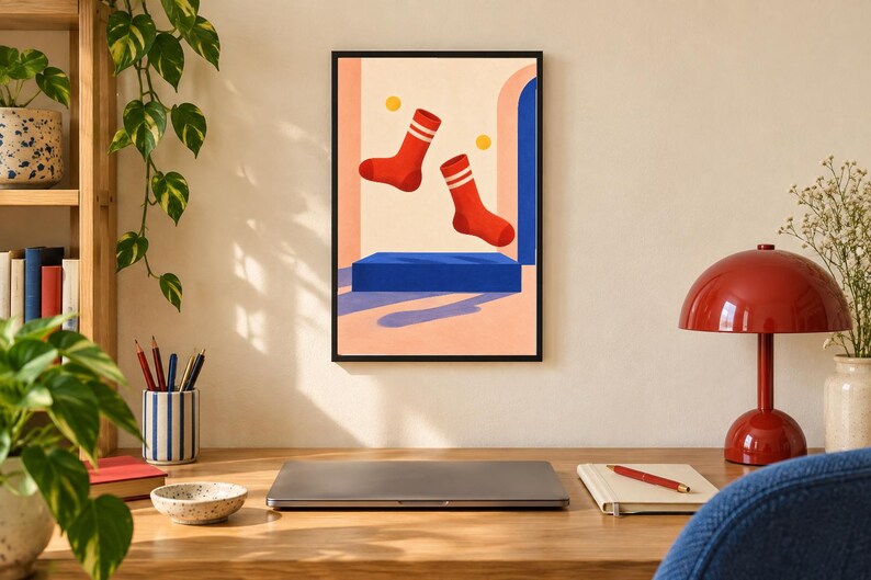 May include: A framed wall art print featuring a graphic illustration of two red socks with white stripes floating above a solid blue rectangular platform. The background consists of a light peach wall with a blue archway and two small yellow circles.