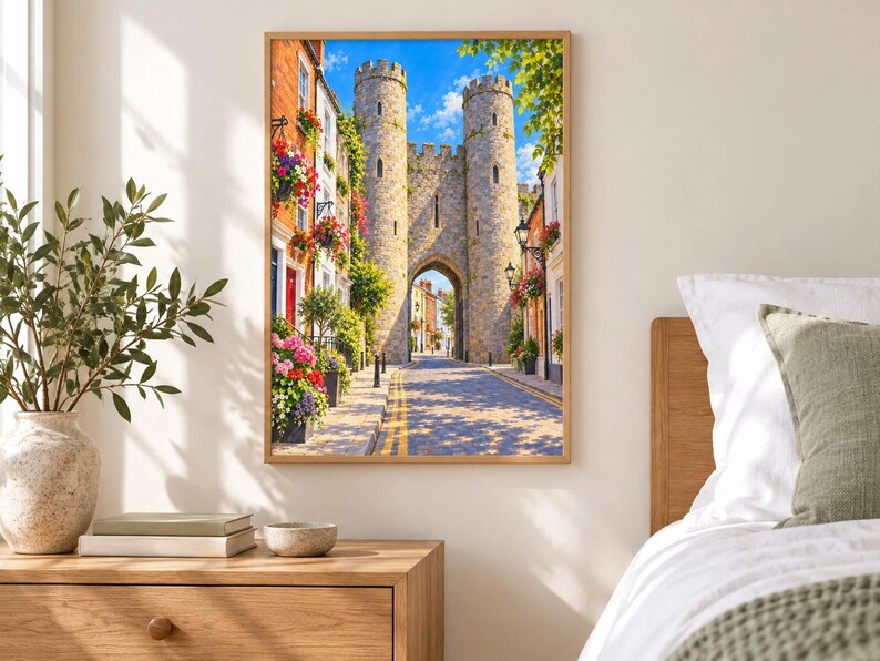 Op de afbeelding: Een ingelijste wandkunstprint met een middeleeuws stenen poortgebouw met twee torens, geflankeerd door bakstenen gebouwen versierd met kleurrijke hangende bloemenmanden, langs een geplaveide straat onder een helderblauwe lucht met witte wolken.