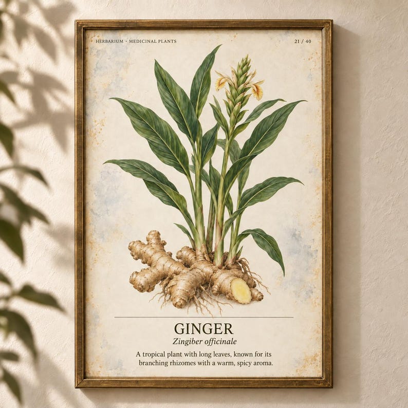 K&ouml;nnte beinhalten: Ein gerahmter botanischer Druck, der eine Ingwerpflanze mit gr&uuml;nen Bl&auml;ttern, einer gelben Bl&uuml;te und einem hellbraunen Rhizom zeigt. Der Text lautet: HERBARIUM MEDICINAL PLANTS 21/40, GINGER, Zingiber officinale und eine Beschreibung.