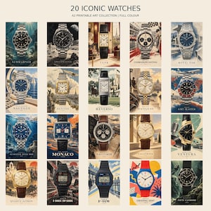 Op de afbeelding: Een digitale kunstdruk getiteld 20 ICONIC WATCHES A2 PRINTABLE ART COLLECTION | FULL COLOUR, met een raster van twintig verschillende horloge-illustraties, waaronder modellen zoals de Submariner, Speedmaster, Tank, Daytona, Royal Oak en andere.