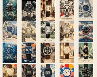 20 ikonische Uhren-Kunstdrucke, A2-Poster-Set in Farbe, Uhrengeschichts-Kollektion, Digitaler Download