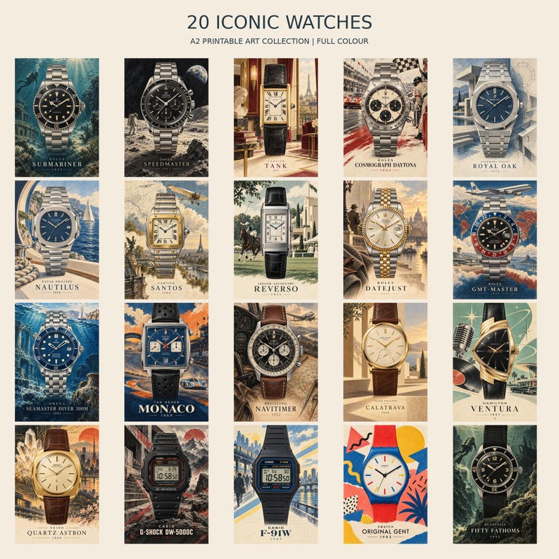 Op de afbeelding: Een digitale kunstdruk getiteld 20 ICONIC WATCHES A2 PRINTABLE ART COLLECTION | FULL COLOUR, met een raster van twintig verschillende horloge-illustraties, waaronder modellen zoals de Submariner, Speedmaster, Tank, Daytona, Royal Oak en andere.