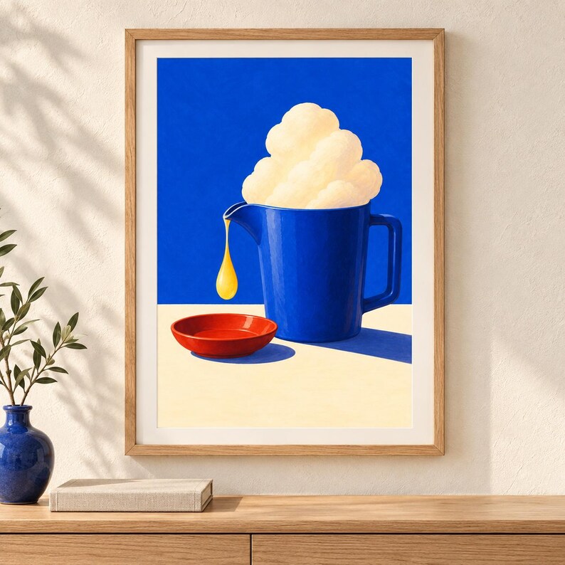 May include: A framed art print featuring a vibrant blue pitcher filled with fluffy white clouds. A single yellow droplet falls from the pitcher into a small red bowl below. The composition is set against a solid blue background and a light surface.