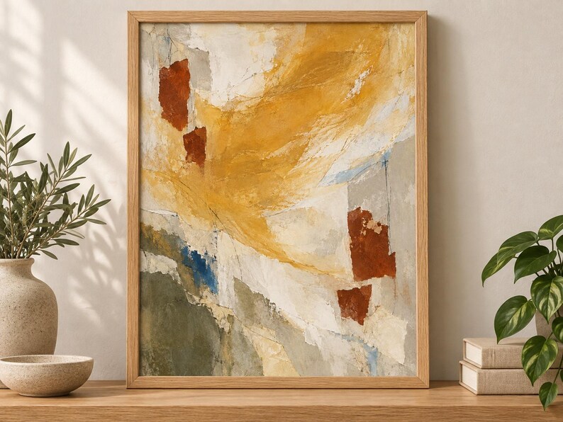 May include: An abstract painting in a light wood frame featuring a textured composition of mustard yellow, burnt orange, cream, and sage green brushstrokes. The artwork displays layered paint applications with visible depth and varied colour blocks.