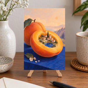 May include: A rectangular art print featuring a surreal illustration of a halved peach. Inside the hollowed center of the peach, a miniature Mediterranean village with stone buildings and a blue lake is depicted against a soft sunset landscape.