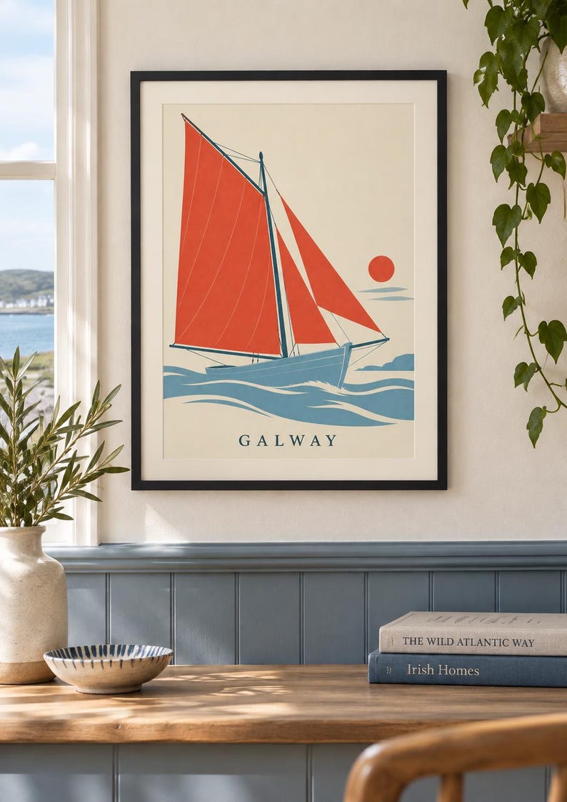 Utskrivbar konst i Galway County, kustdesign med röd segelbåt, digital nedladdning för irländskt bruk bild 4