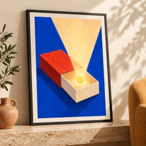May include: A framed art print featuring a red matchbox on a vibrant blue background. The matchbox is partially open, revealing a glowing yellow sphere inside that casts a bright, triangular beam of light upward against the blue backdrop.