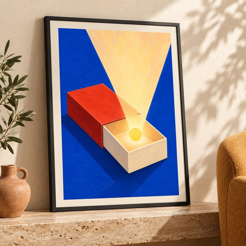 May include: A framed art print featuring a red matchbox on a vibrant blue background. The matchbox is partially open, revealing a glowing yellow sphere inside that casts a bright, triangular beam of light upward against the blue backdrop.