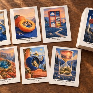 Pu&ograve; includere: Una collezione di sette carte artistiche rettangolari con illustrazioni surreali. Ogni carta mostra una scena unica, come una bobina fluviale, un villaggio di albicocche, una biblioteca meteorologica, un ufficio postale notturno, una bussola, un osservatorio di mele e una clessidra.
