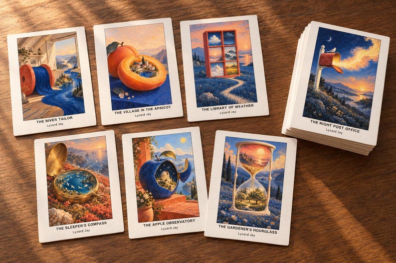 Pu&ograve; includere: Una collezione di sette carte artistiche rettangolari con illustrazioni surreali. Ogni carta mostra una scena unica, come una bobina fluviale, un villaggio di albicocche, una biblioteca meteorologica, un ufficio postale notturno, una bussola, un osservatorio di mele e una clessidra.