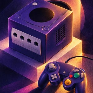 Op de afbeelding: Een paarse kubusvormige videogameconsole met een ronde schijfklep en een voorpaneel met vier controllerpoorten. Een bijpassende paarse bedrade gamecontroller met een grijze analoge stick, een gele C-stick, een groene knop en een rode knop.