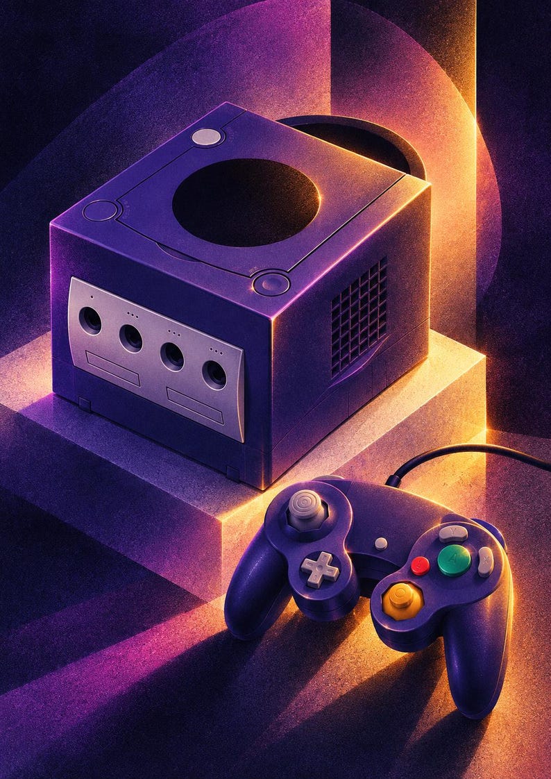 Op de afbeelding: Een paarse kubusvormige videogameconsole met een ronde schijfklep en een voorpaneel met vier controllerpoorten. Een bijpassende paarse bedrade gamecontroller met een grijze analoge stick, een gele C-stick, een groene knop en een rode knop.
