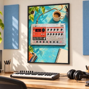 Puede incluir: Una impresi&oacute;n de arte mural enmarcada que muestra una caja de ritmos Korg Electribe ER-1 sobre una superficie azul texturizada, acompa&ntilde;ada de una taza de caf&eacute;, una planta en maceta y un cuaderno. El dispositivo es plateado con detalles rojos.