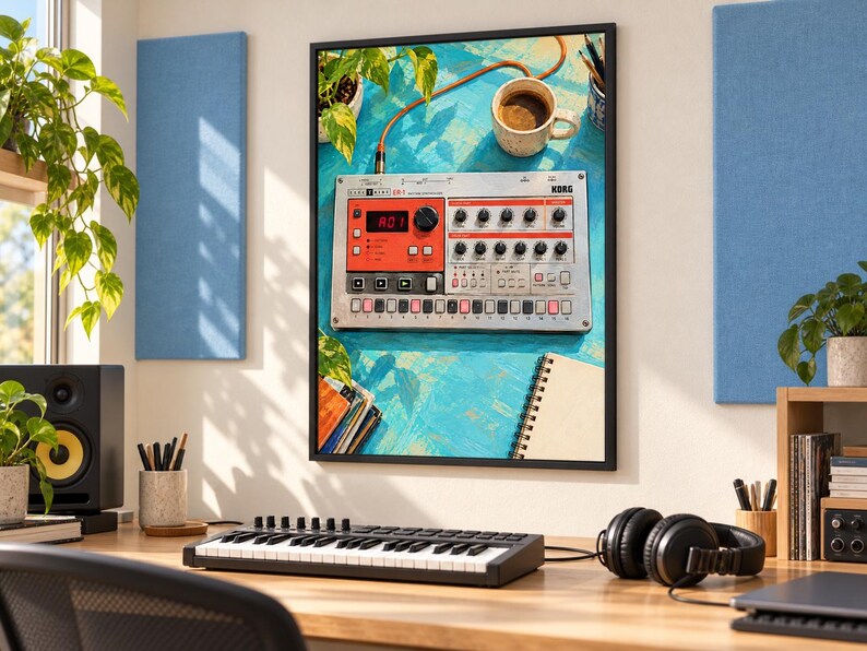 Puede incluir: Una impresi&oacute;n de arte mural enmarcada que muestra una caja de ritmos Korg Electribe ER-1 sobre una superficie azul texturizada, acompa&ntilde;ada de una taza de caf&eacute;, una planta en maceta y un cuaderno. El dispositivo es plateado con detalles rojos.