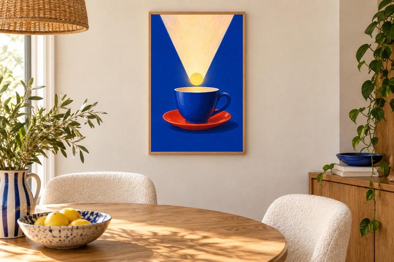 Puede incluir: Una impresi&oacute;n de arte mural enmarcada que presenta una taza de caf&eacute; azul vibrante sobre un platillo rojo brillante. Sobre la taza, un haz de luz triangular brilla hacia abajo, iluminando un peque&ntilde;o c&iacute;rculo amarillo brillante.