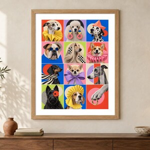 May include: A framed wall art print featuring a grid of twelve colorful squares, each displaying a different dog breed wearing various accessories like ruffs, bows, hats, and jewelry against vibrant, solid-colored circular and geometric backgrounds.