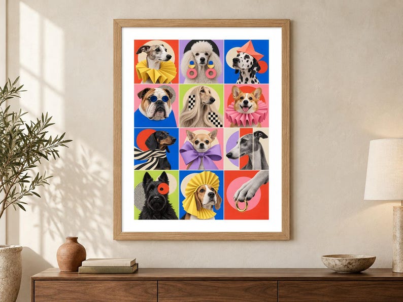 May include: A framed wall art print featuring a grid of twelve colorful squares, each displaying a different dog breed wearing various accessories like ruffs, bows, hats, and jewelry against vibrant, solid-colored circular and geometric backgrounds.