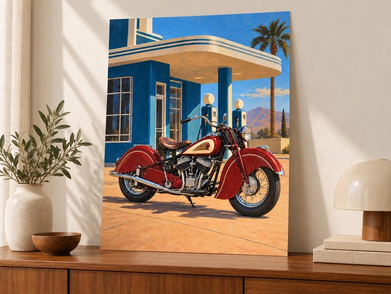 Pu&ograve; includere: Un dipinto vivace di una classica motocicletta rossa parcheggiata davanti a una stazione di servizio art d&eacute;co blu. La scena presenta un cielo azzurro brillante, una palma alta e montagne in lontananza, in una giornata di sole con ombre nette.