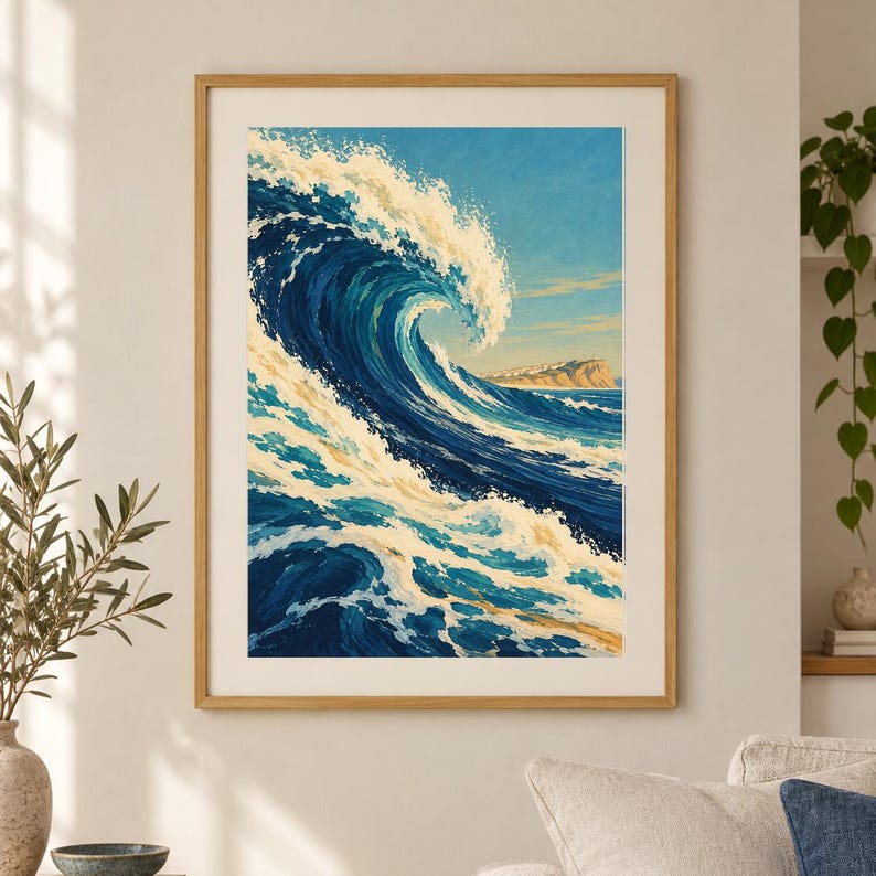 May include: A framed wall art print featuring a large, cresting ocean wave in shades of deep blue, turquoise, and white foam. The scene includes a distant, light-colored cliffside under a clear blue sky, all enclosed in a simple light wood frame.