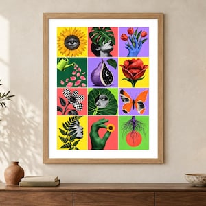 Pu&ograve; includere: Una stampa artistica da parete incorniciata che presenta una griglia di dodici pannelli con immagini di collage surrealista. I pannelli mostrano colori vivaci tra cui giallo, verde, viola e rosso, mettendo in mostra motivi come un girasole con un occhio, una mano blu, una pera, una farfalla e vari elementi botanici combinati con tratti umani.