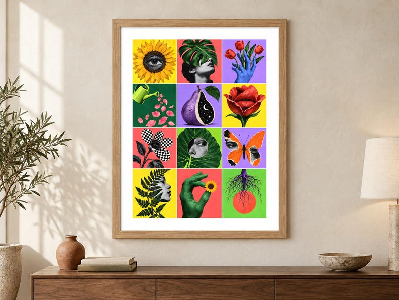 Pu&ograve; includere: Una stampa artistica da parete incorniciata che presenta una griglia di dodici pannelli con immagini di collage surrealista. I pannelli mostrano colori vivaci tra cui giallo, verde, viola e rosso, mettendo in mostra motivi come un girasole con un occhio, una mano blu, una pera, una farfalla e vari elementi botanici combinati con tratti umani.