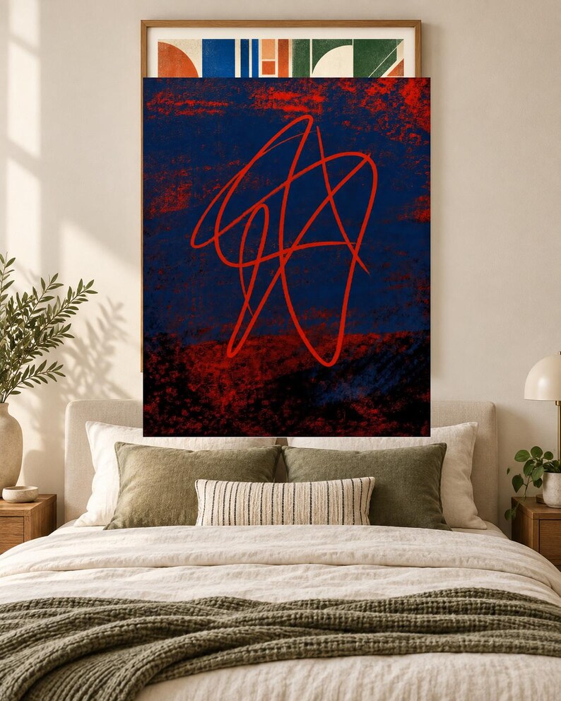 May include: A rectangular wall art print featuring a dark navy blue background with a textured, distressed red overlay. A continuous, fluid red line forms an abstract, tangled scribble pattern across the center of the composition.