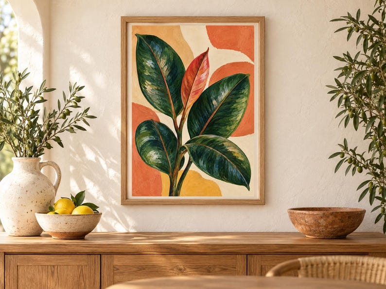 May include: A framed wall art print featuring a botanical illustration of a rubber plant with large, glossy dark green leaves and one central reddish-orange leaf, set against an abstract background of soft orange and yellow circular shapes.