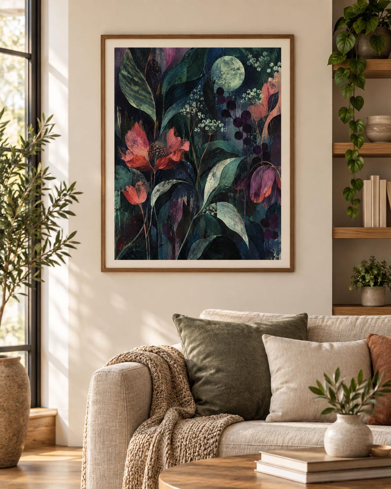 Puede incluir: Una impresi&oacute;n de arte mural rectangular en un marco de madera que presenta una ilustraci&oacute;n bot&aacute;nica oscura y evocadora. La obra muestra follaje verde intenso, flores rojas y moradas vibrantes y una luna circular p&aacute;lida sobre un fondo sombr&iacute;o.