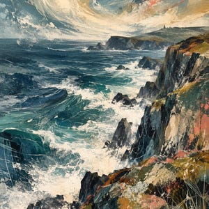 May include: A textured painting of a rugged coastline with dark, jagged cliffs meeting a turbulent, deep blue ocean. White sea foam crashes against the rocks under a dramatic, swirling sky filled with shades of cream, blue, and hints of coral pink.