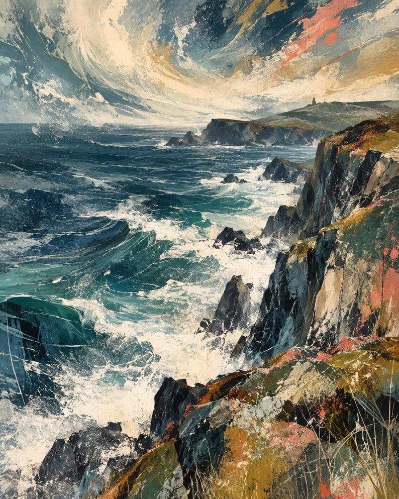 May include: A textured painting of a rugged coastline with dark, jagged cliffs meeting a turbulent, deep blue ocean. White sea foam crashes against the rocks under a dramatic, swirling sky filled with shades of cream, blue, and hints of coral pink.
