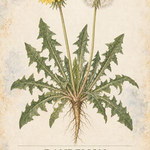 May include: A botanical illustration titled HERBARIUM MEDICINAL PLANTS 16 / 40 featuring a dandelion plant with green toothed leaves, a yellow flower, and a white seed head. The text DANDELION Taraxacum officinale and a description are printed below.