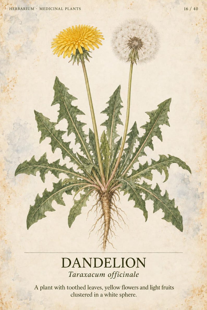 May include: A botanical illustration titled HERBARIUM MEDICINAL PLANTS 16 / 40 featuring a dandelion plant with green toothed leaves, a yellow flower, and a white seed head. The text DANDELION Taraxacum officinale and a description are printed below.
