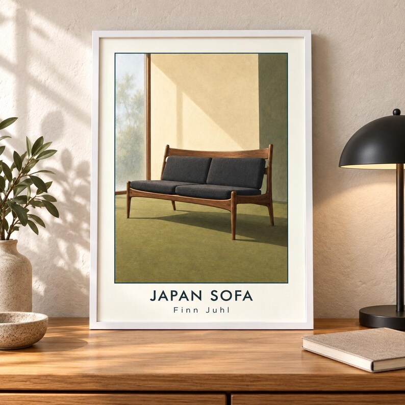 Pu&ograve; includere: Una stampa incorniciata raffigurante un divano in legno con cuscini grigio scuro in una stanza soleggiata con pavimento verde oliva e pareti beige. Il testo JAPAN SOFA e Finn Juhl &egrave; stampato in nero nella parte inferiore del poster bianco.