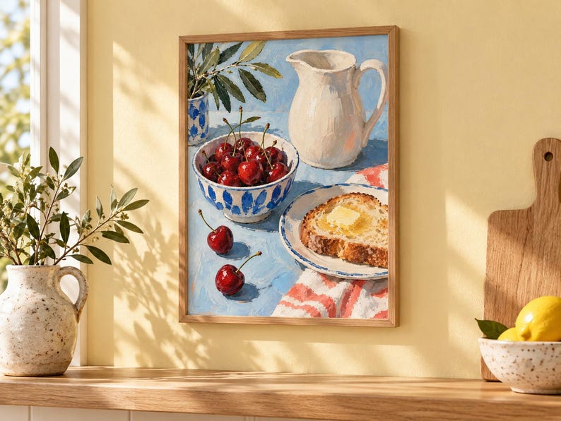 May include: A framed wall art print depicting a still life painting of a white pitcher, a blue and white patterned bowl filled with red cherries, and a plate with a slice of buttered bread on a blue surface with a red and white striped cloth.