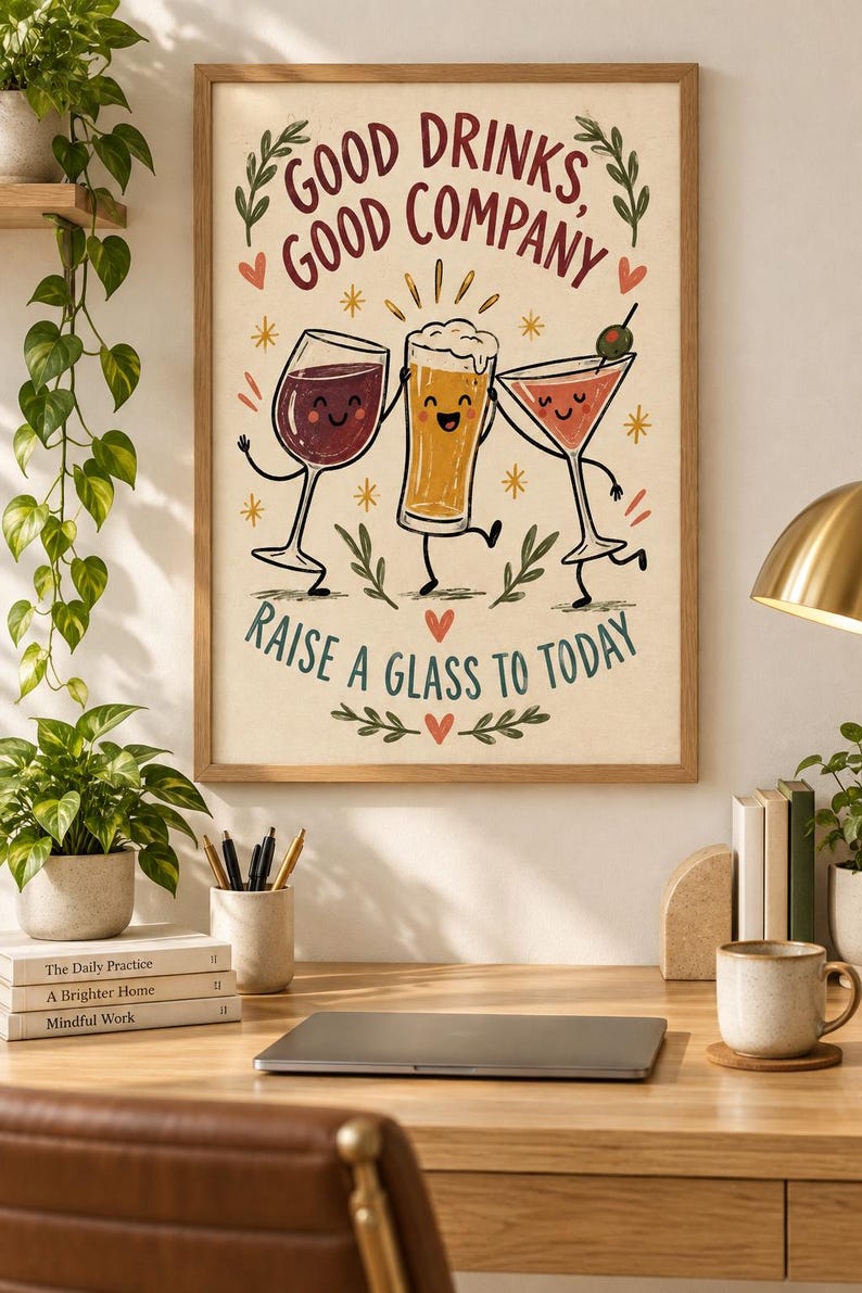 May include: A framed wall art print featuring a cartoon illustration of a wine glass, a beer glass, and a martini glass with faces. The text reads Good Drinks, Good Company and Raise a Glass to Today, accented with small stars, hearts, and leaves.