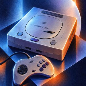 May include: A grey Sega Saturn video game console with a circular disc lid featuring the Sega Saturn logo, a power button, a reset button, and two controller ports. A matching grey game controller with a black D-pad and six purple action buttons.