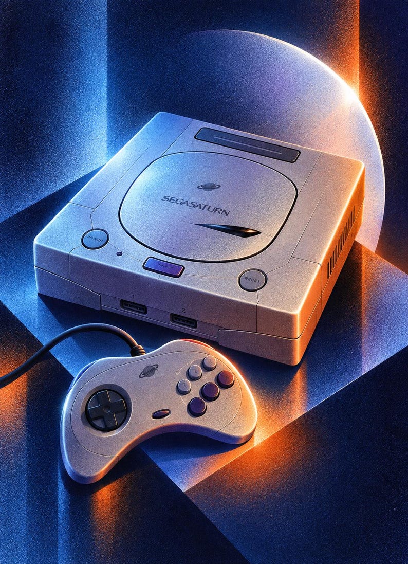 May include: A grey Sega Saturn video game console with a circular disc lid featuring the Sega Saturn logo, a power button, a reset button, and two controller ports. A matching grey game controller with a black D-pad and six purple action buttons.