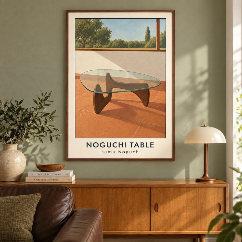 May include: A framed art print featuring a glass-topped coffee table with a dark wood base on a terracotta-colored patio. The text NOGUCHI TABLE and Isamu Noguchi is printed at the bottom of the poster, which depicts a sunny outdoor scene.