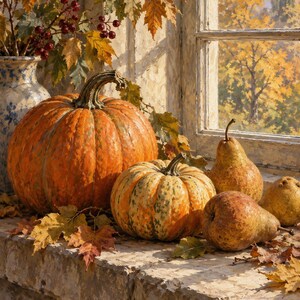 May include: A large orange pumpkin, a smaller variegated pumpkin, and two textured pears arranged on a stone ledge. A blue and white ceramic vase holds autumn leaves and red berries. The scene is set before a window with a view of fall trees.