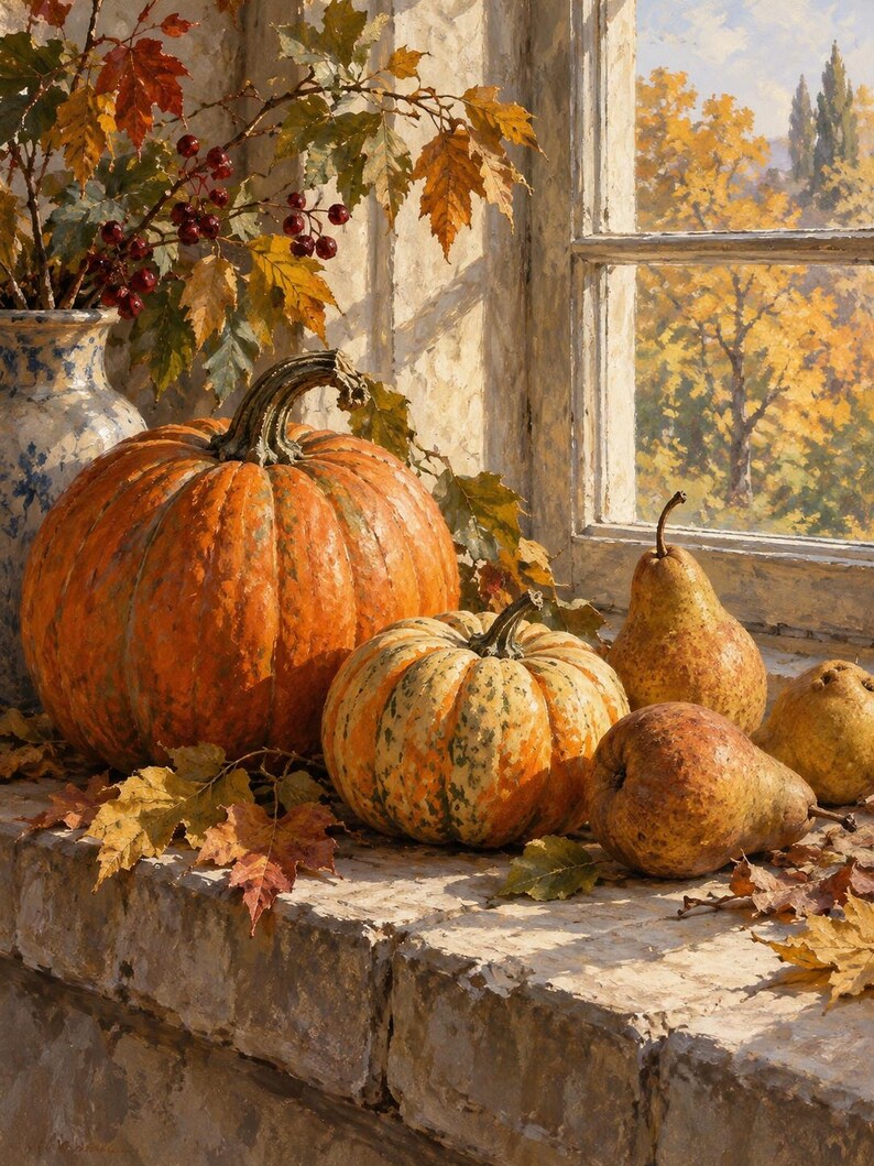 May include: A large orange pumpkin, a smaller variegated pumpkin, and two textured pears arranged on a stone ledge. A blue and white ceramic vase holds autumn leaves and red berries. The scene is set before a window with a view of fall trees.