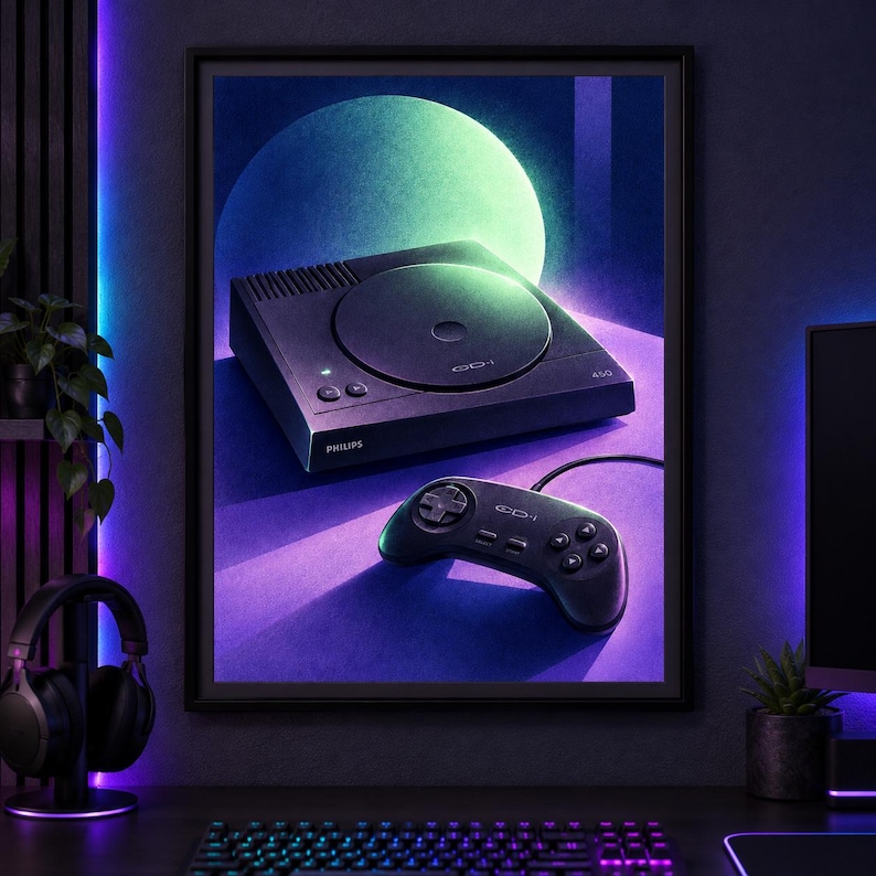 K&ouml;nnte beinhalten: Ein gerahmter Kunstdruck, der eine schwarze Philips CD-i 450 Spielkonsole und einen passenden kabelgebundenen Controller zeigt. Das Bild verwendet eine lebendige violette und t&uuml;rkise Farbpalette mit einem gro&szlig;en leuchtenden Kreis im Hintergrund.