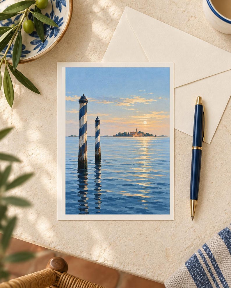 May include: A rectangular greeting card featuring a painting of two blue and white striped wooden mooring poles rising from calm water, with a distant island and a soft sunset sky in the background, displayed alongside a pen and an envelope.